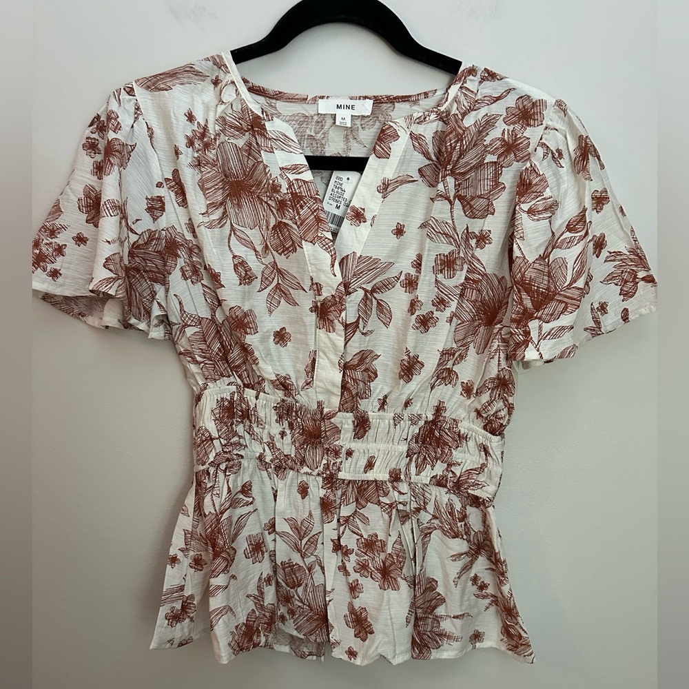 Mine Boutique Floral Top Medium White and Brown NWT